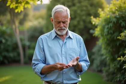 Homme d'âge moyen dans un jardin examine sa main avec inquiétude