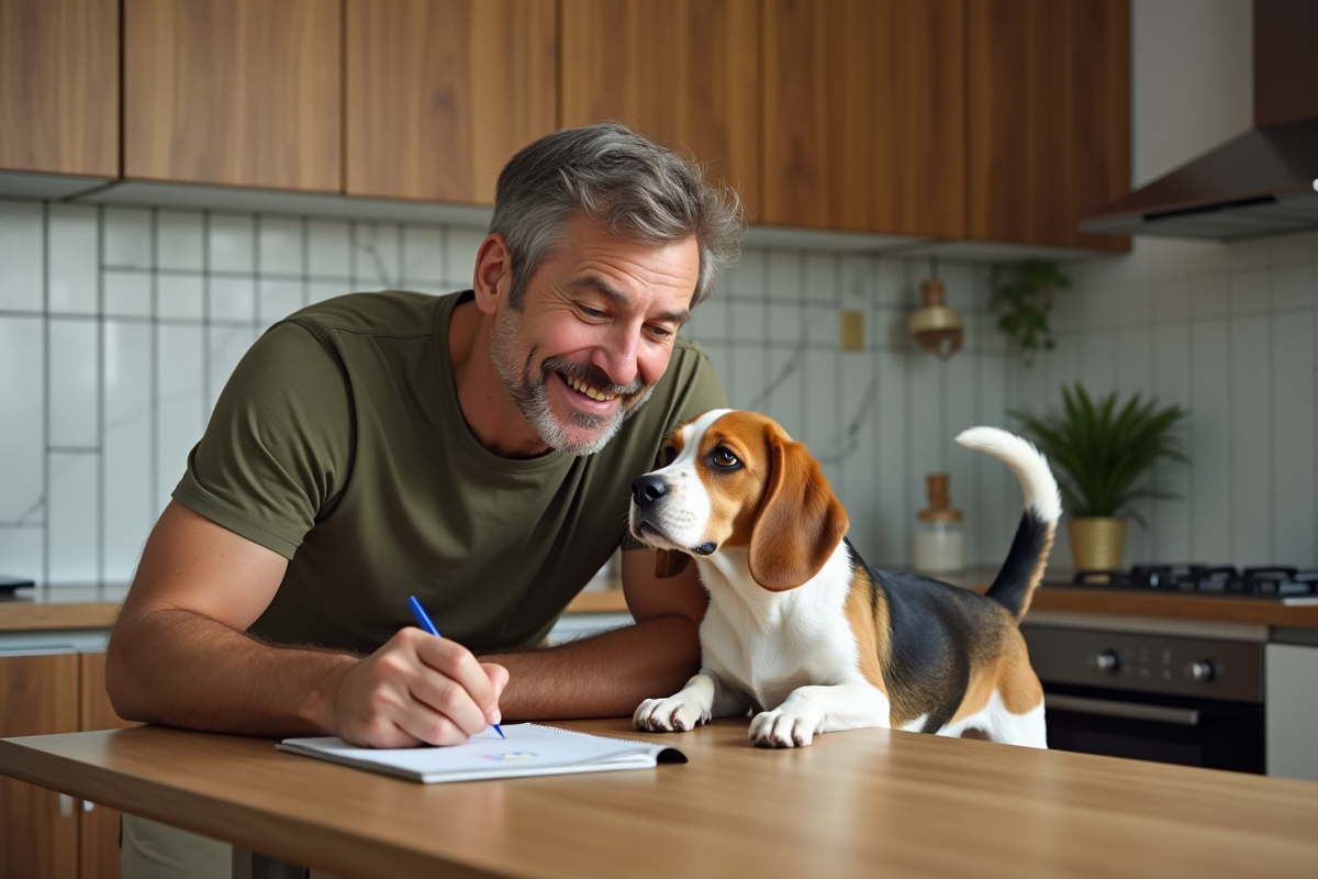 Homme écrivant noms de chien avec un beagle curieux en cuisine