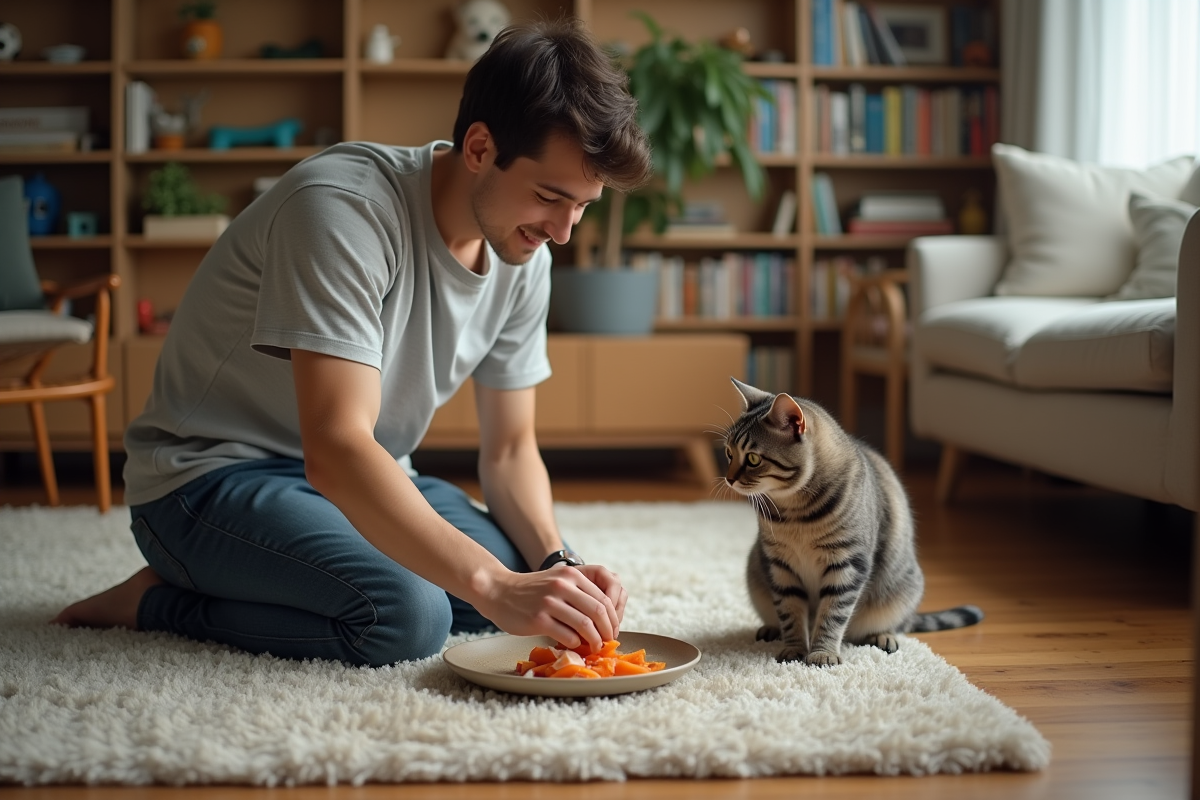 Jeune homme donnant du poisson à un chat dans le salon
