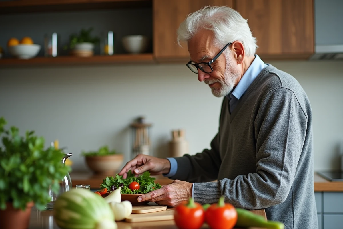 Homme âgé en cuisine préparant une salade dans une cuisine moderne