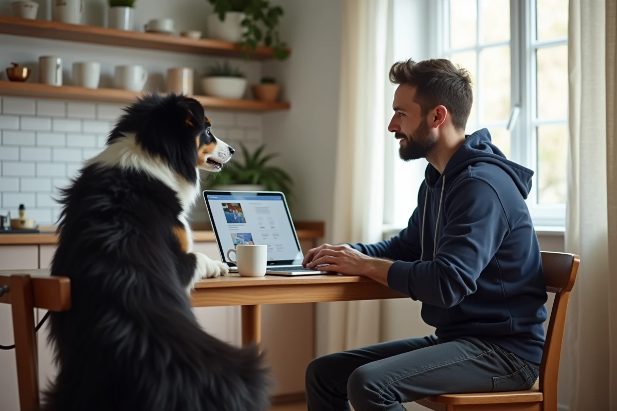 Homme recherchant une assurance chien pas chère sur son ordinateur portable dans sa cuisine avec son border collie à ses côtés
