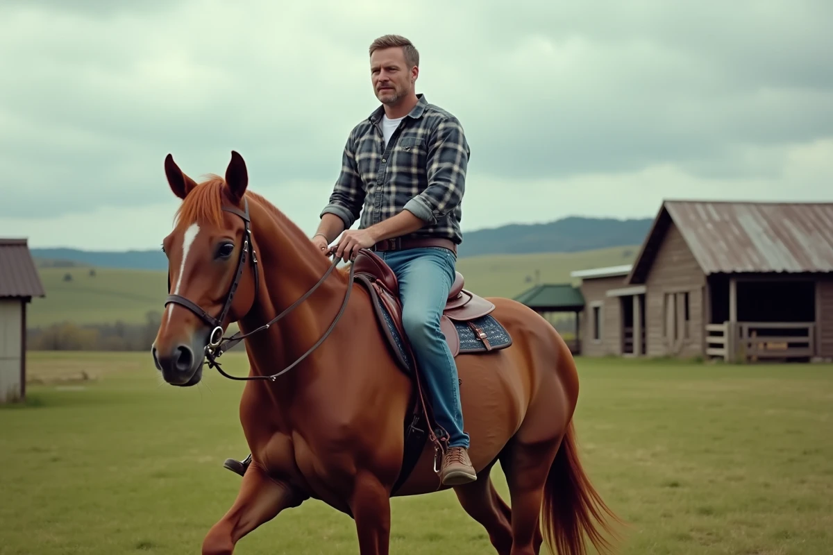 Homme à cheval dans un paddock rural avec ferme en arrière-plan