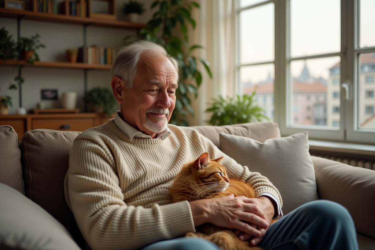 Homme âgé tenant un chat longhair dans son salon