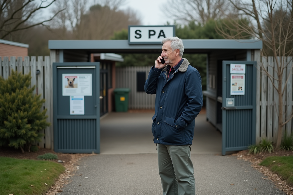 Homme au téléphone devant un refuge animalier