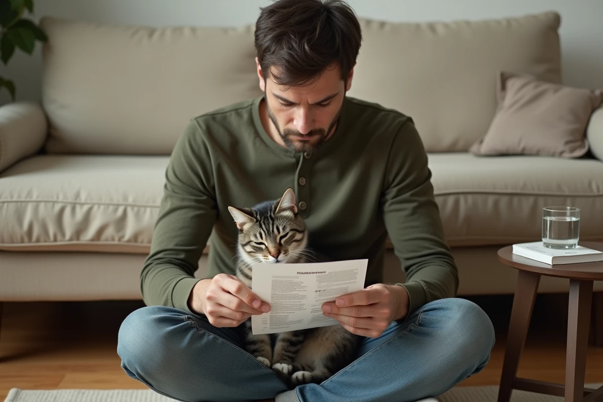 Homme assis au sol tenant son chat gris contre lui, consultant une fiche de conseils de soins pour animaux malades