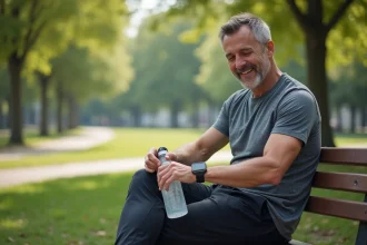 Homme d'âge moyen en tenue sportive dans un parc en train de vérifier sa montre connectée