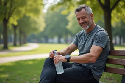 Homme d'âge moyen en tenue sportive dans un parc en train de vérifier sa montre connectée