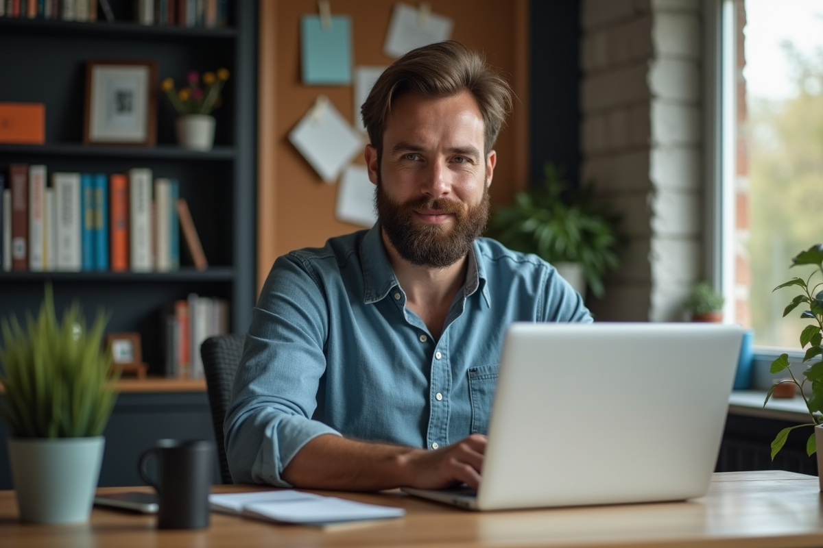 Homme travaillant sur un ordinateur dans un bureau à domicile