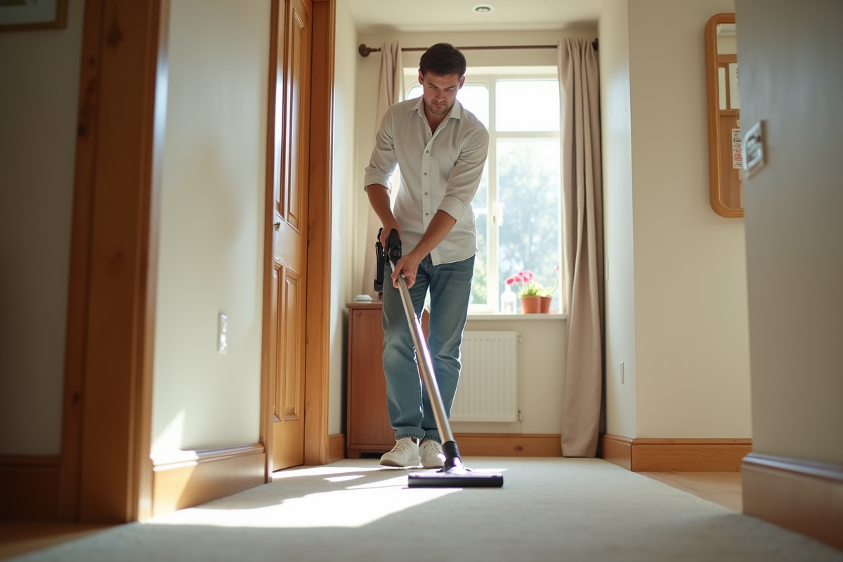 Homme aspirant un tapis dans un couloir lumineux