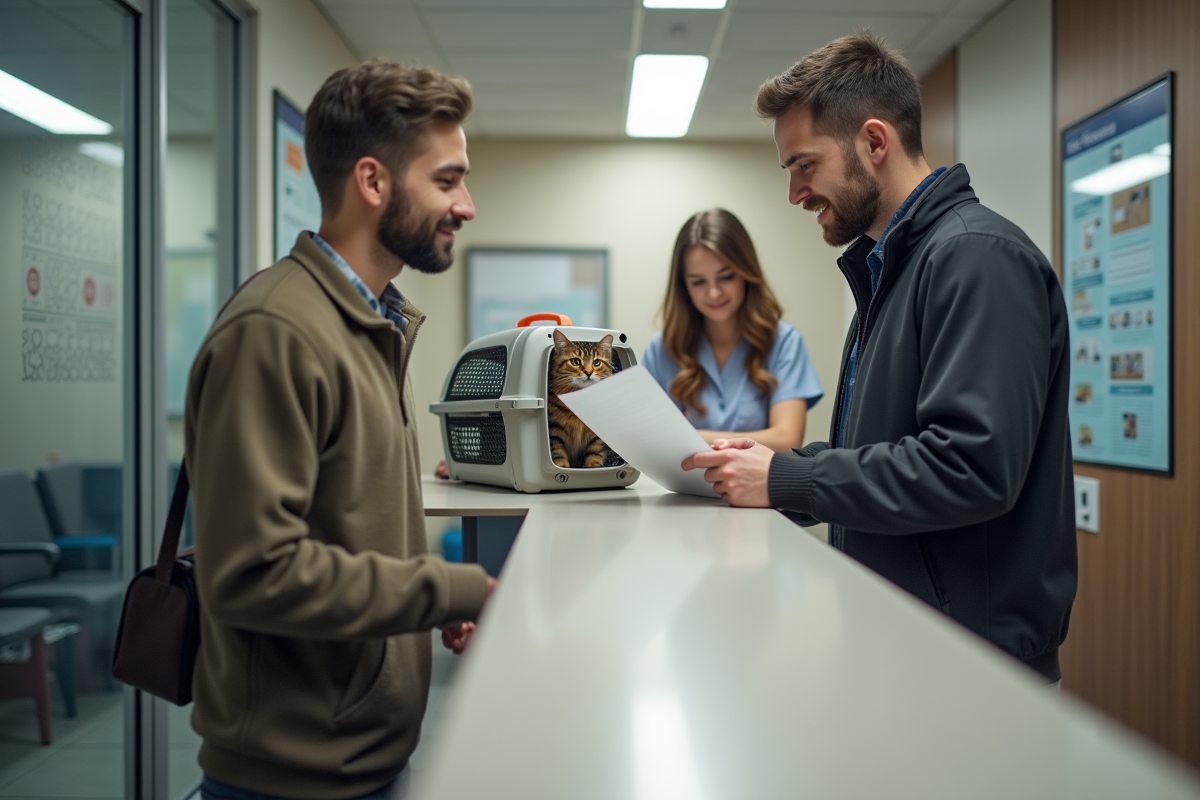 Homme au vétérinaire avec un chat dans une cage