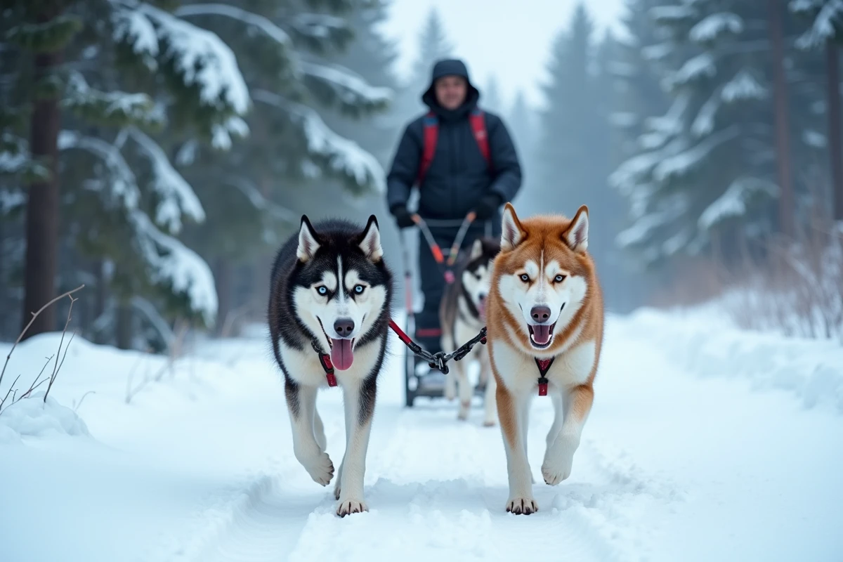 Deux huskies sibériens en attelage tirant sur un sentier enneigé en forêt avec leur musher