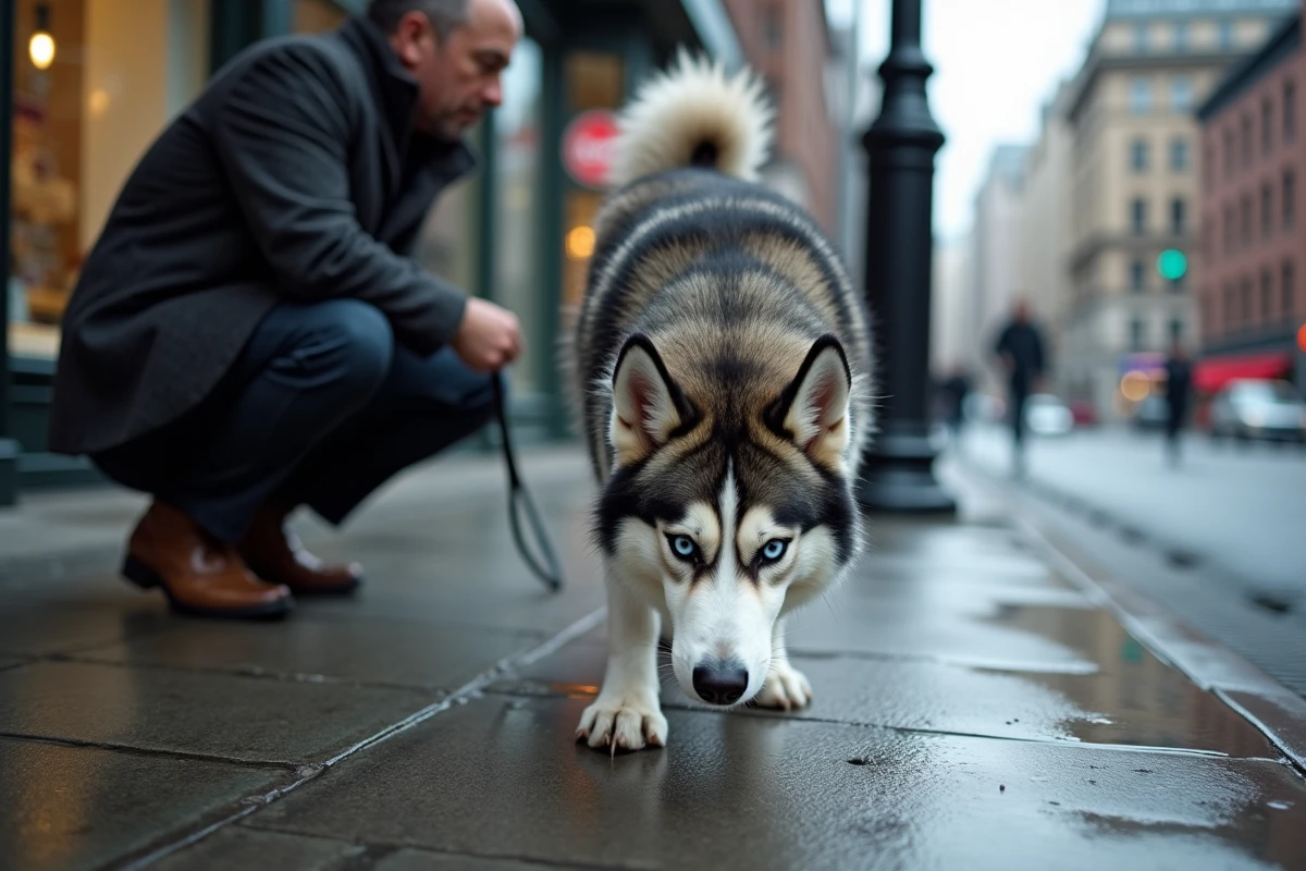 Husky sibérien reniflant le sol et tirant sur la laisse dans une rue urbaine sous la pluie