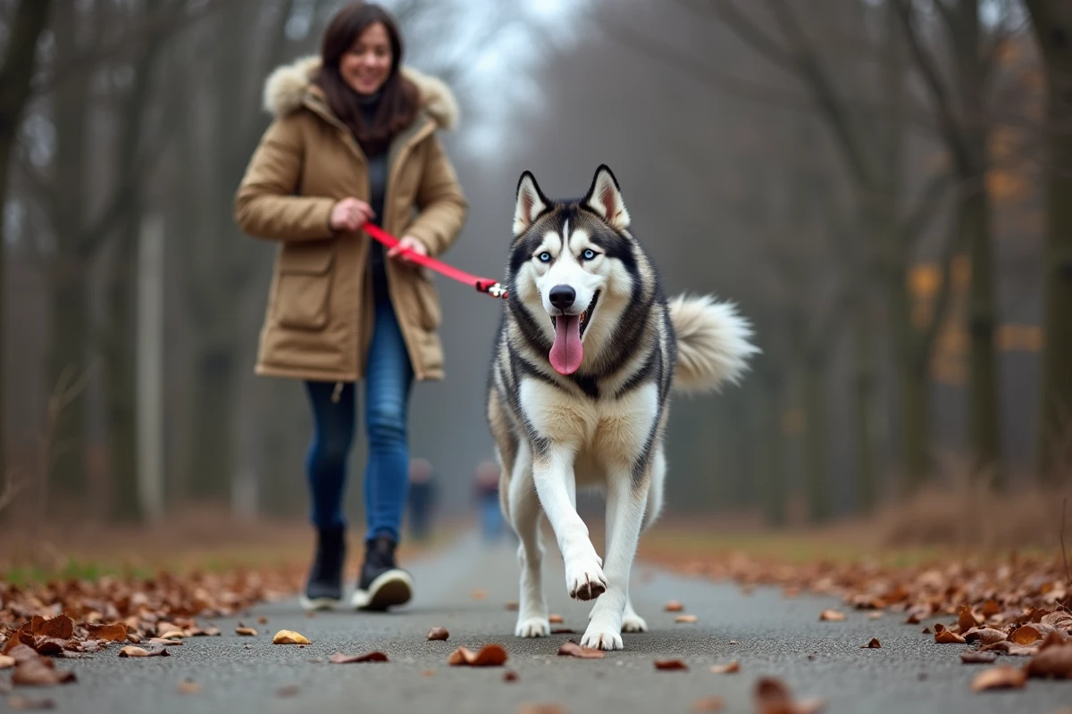 Husky sibérien tirant fortement sur sa laisse rouge tenu par une femme dans un parc en automne