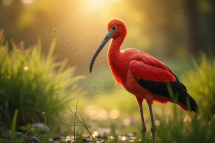 Ibis rouge dans un lagon ensoleille avec flou d'arrière-plan