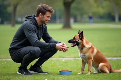 Jeune homme sportif avec son chien dans un parc urbain