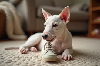 Chiot Bull Terrier de 10 semaines sur un tapis doux