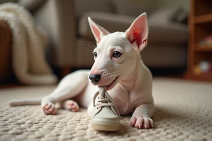 Chiot Bull Terrier de 10 semaines sur un tapis doux