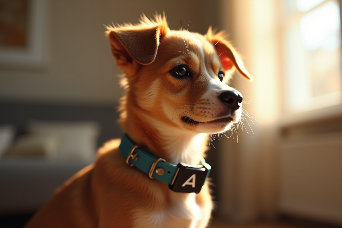 Un jeune chien avec un collier affichant la lettre A près d