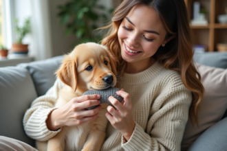 Jeune femme avec un chiot golden retriever dans un salon