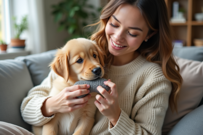 Jeune femme avec un chiot golden retriever dans un salon