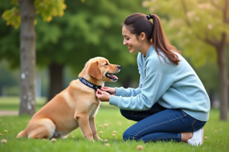 Jeune femme attachant un collier à son chiot dans un parc