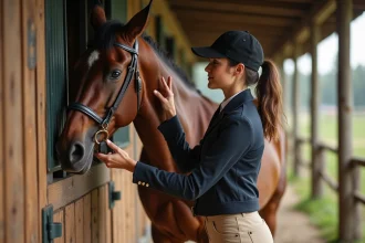 Jeune femme en équitation groomant un cheval au pré