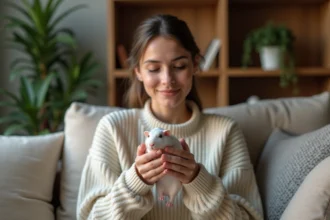 Jeune femme tenant un guinea pig peau nue dans un salon cosy
