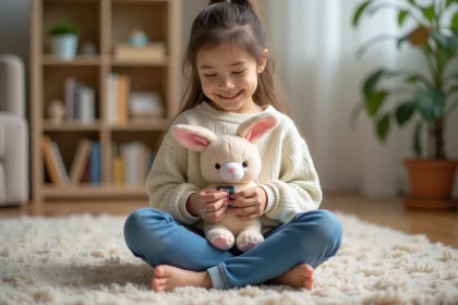 Jeune fille souriante insérant des piles dans un jouet lapin en peluche