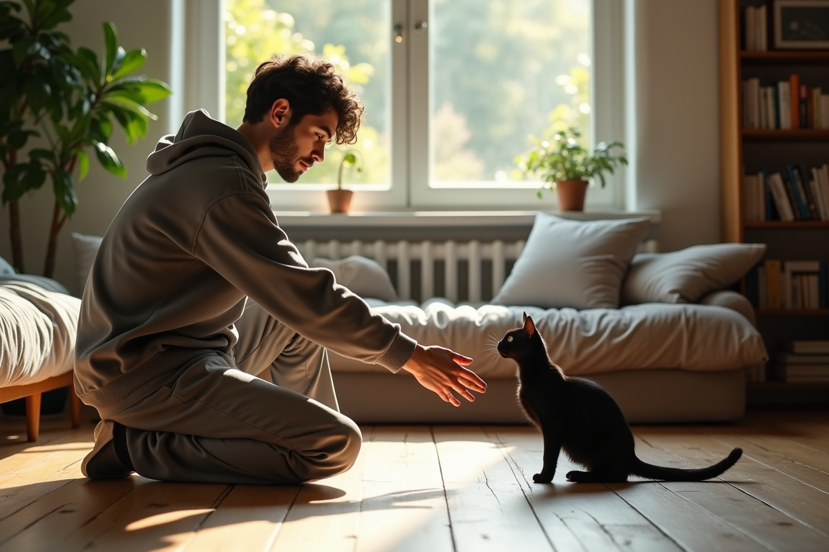 Jeune homme caressant un chat noir dans son salon lumineux