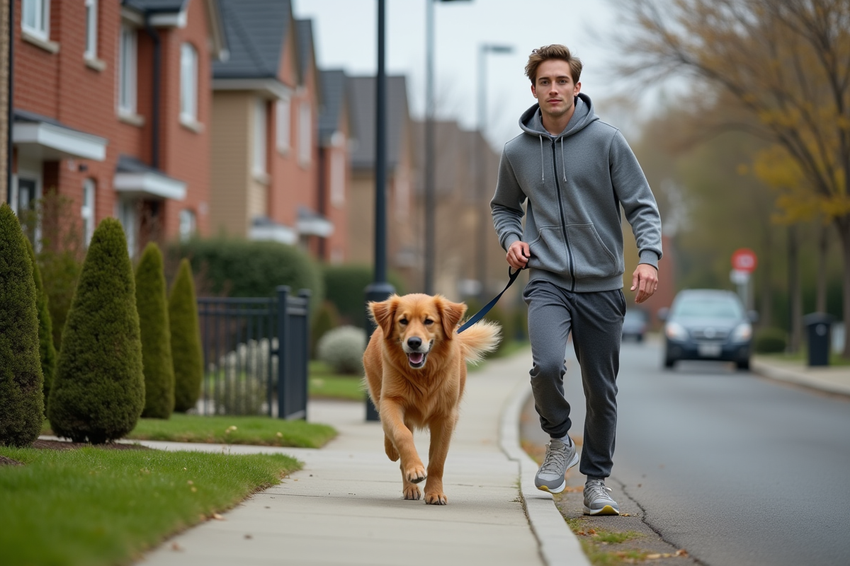 Jeune homme avec chien courant dans une rue résidentielle