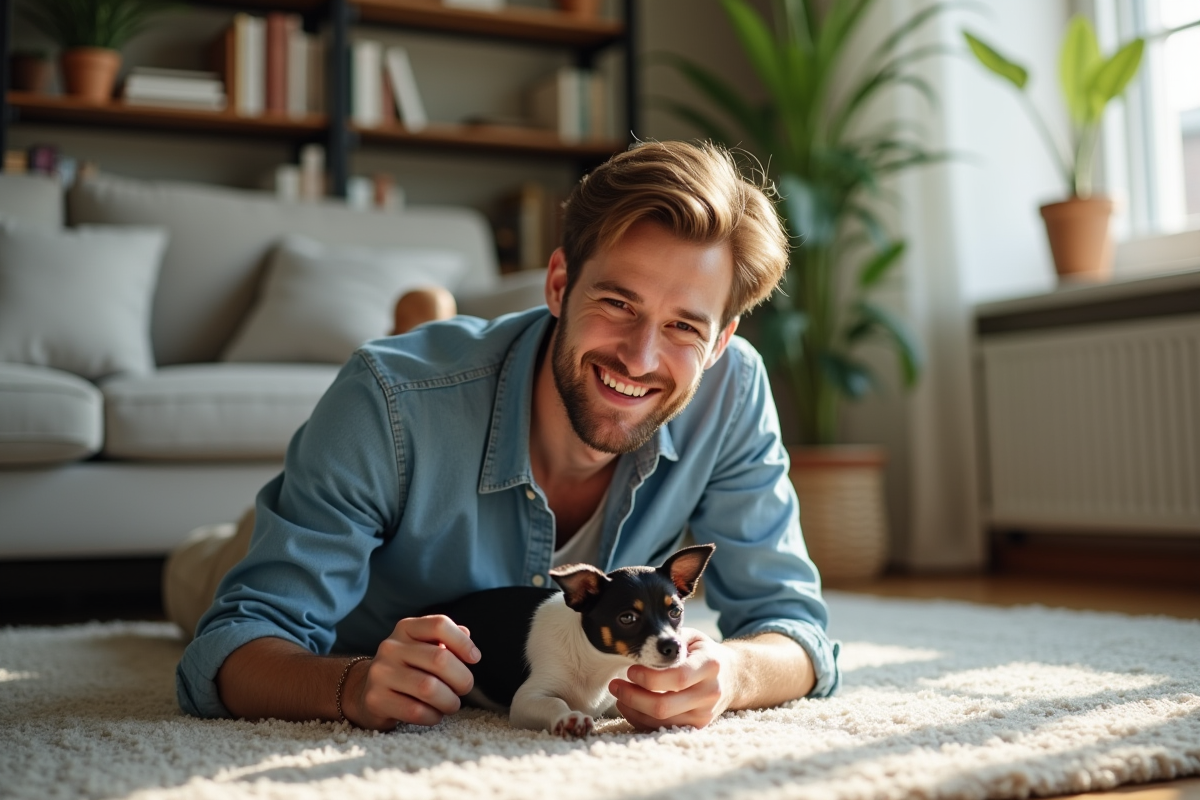 Jeune homme jouant avec un chien dans un salon lumineux