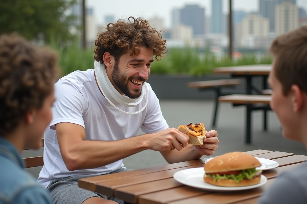 Jeune homme avec collier médical mangeant un sandwich en plein air