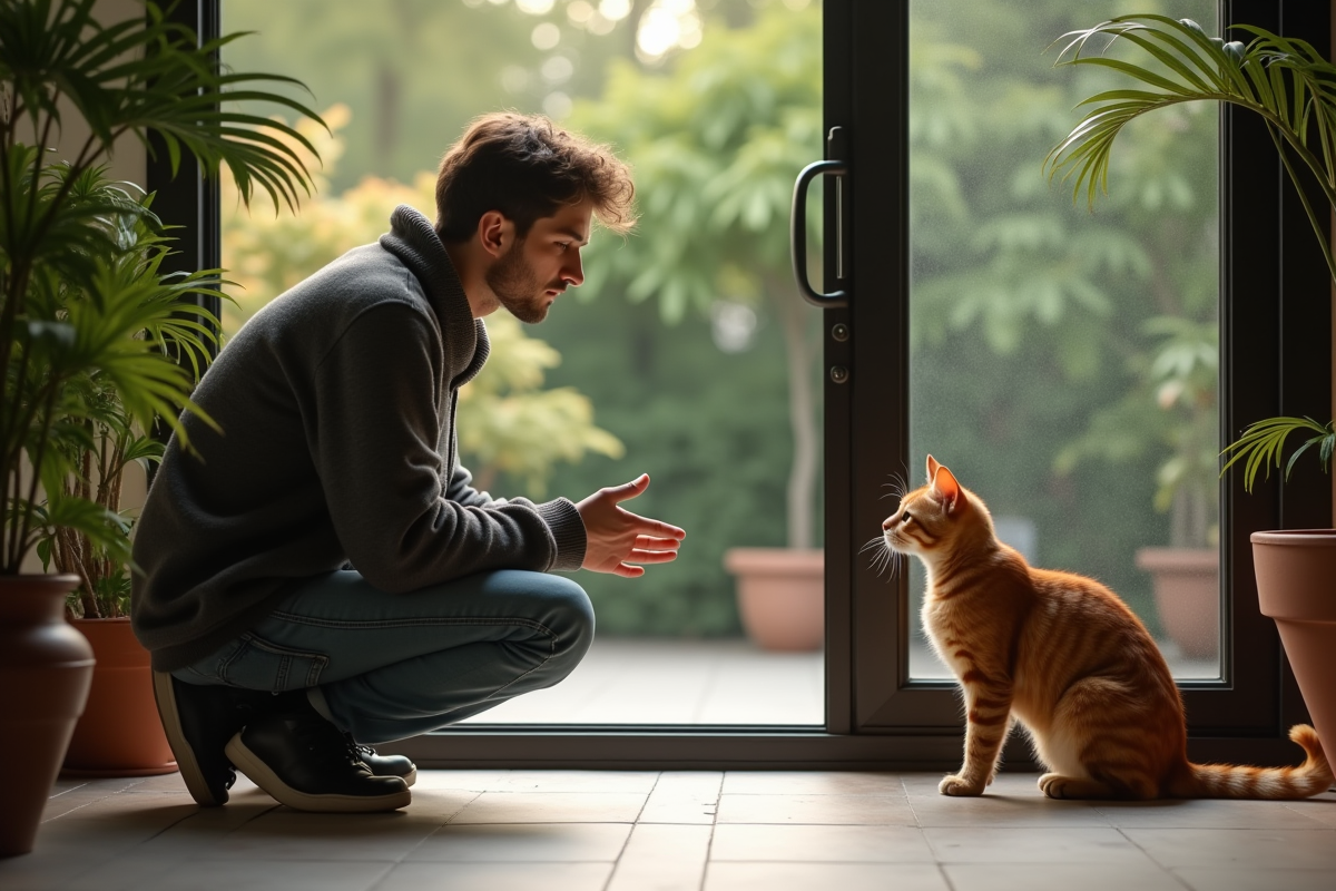 Jeune homme avec chat dans le jardin en extérieur