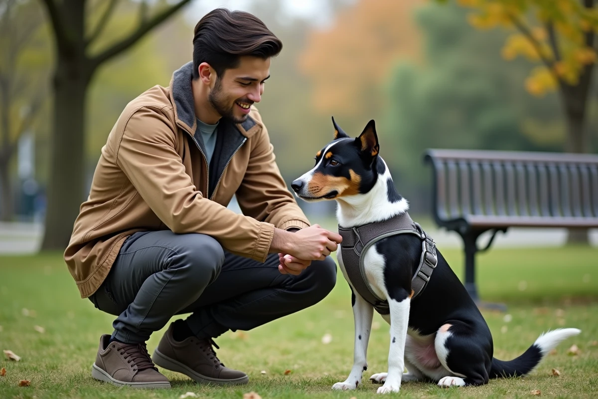 Jeune homme attachant un harnais à son chien dans un parc