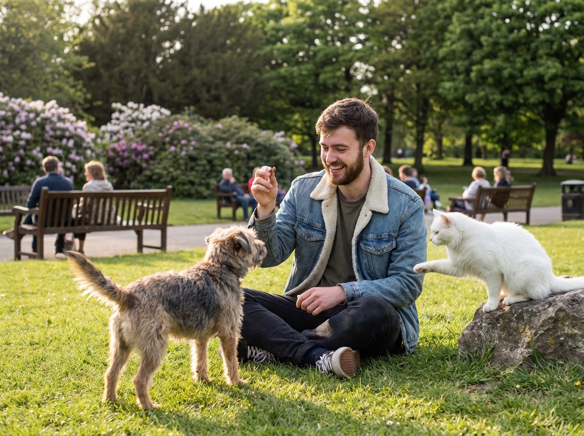 Jeune homme donnant des friandises à ses animaux dans un parc