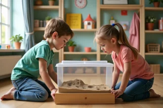 Deux enfants découvrent un élevage de fourmis dans une salle lumineuse