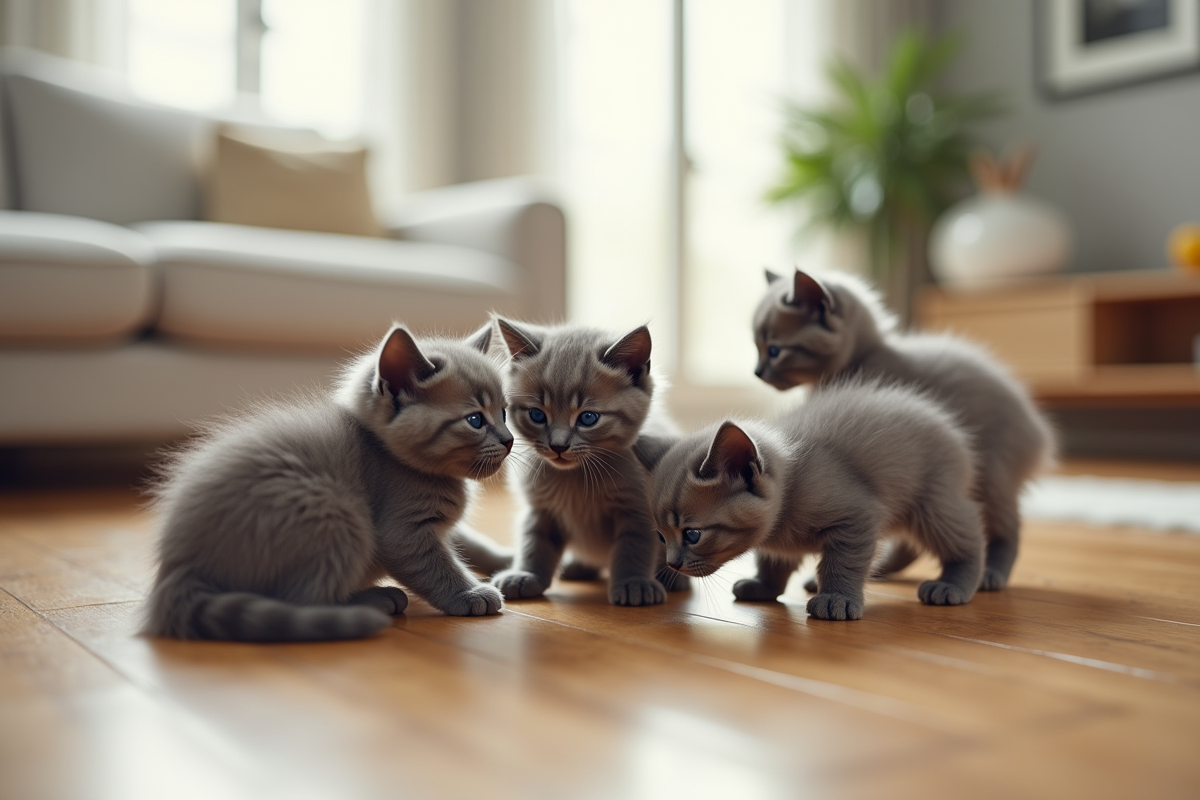 Plusieurs chatons russe bleu jouant dans un salon lumineux