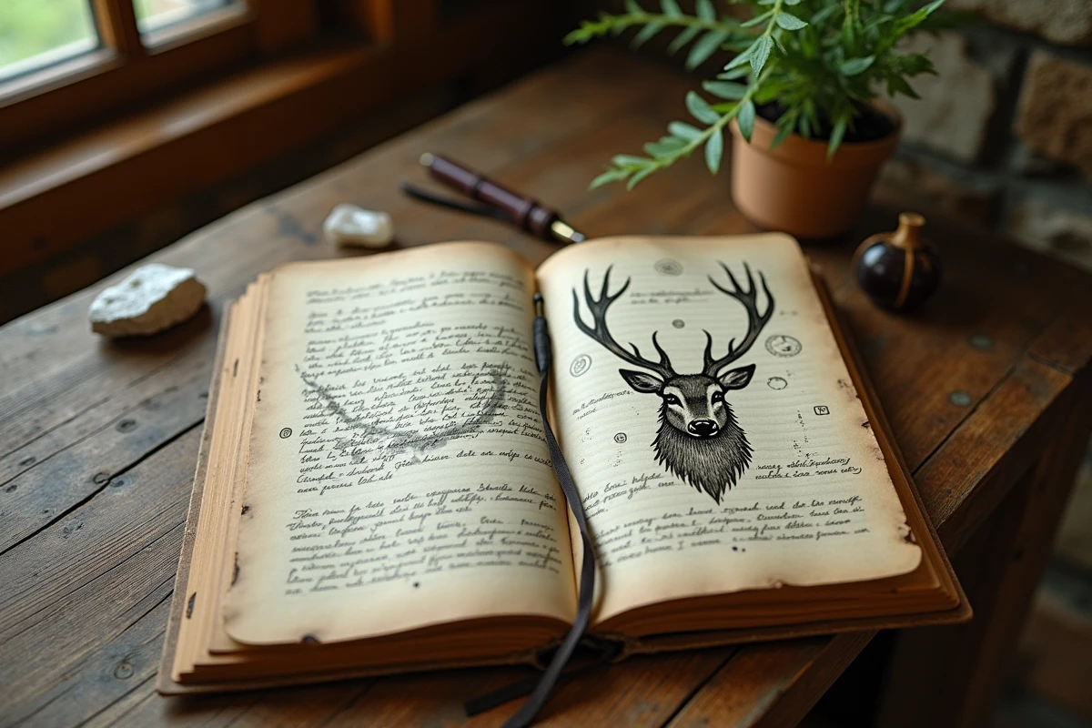Journal spirituel ouvert avec des croquis de cerf et symboles ésotériques sur une table en bois rustique