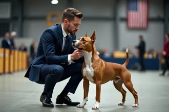 Jeune juge en costume examine un American Bully lors d'une exposition canine