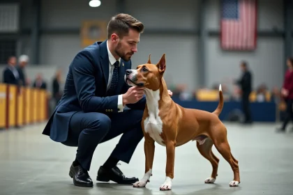 Jeune juge en costume examine un American Bully lors d'une exposition canine