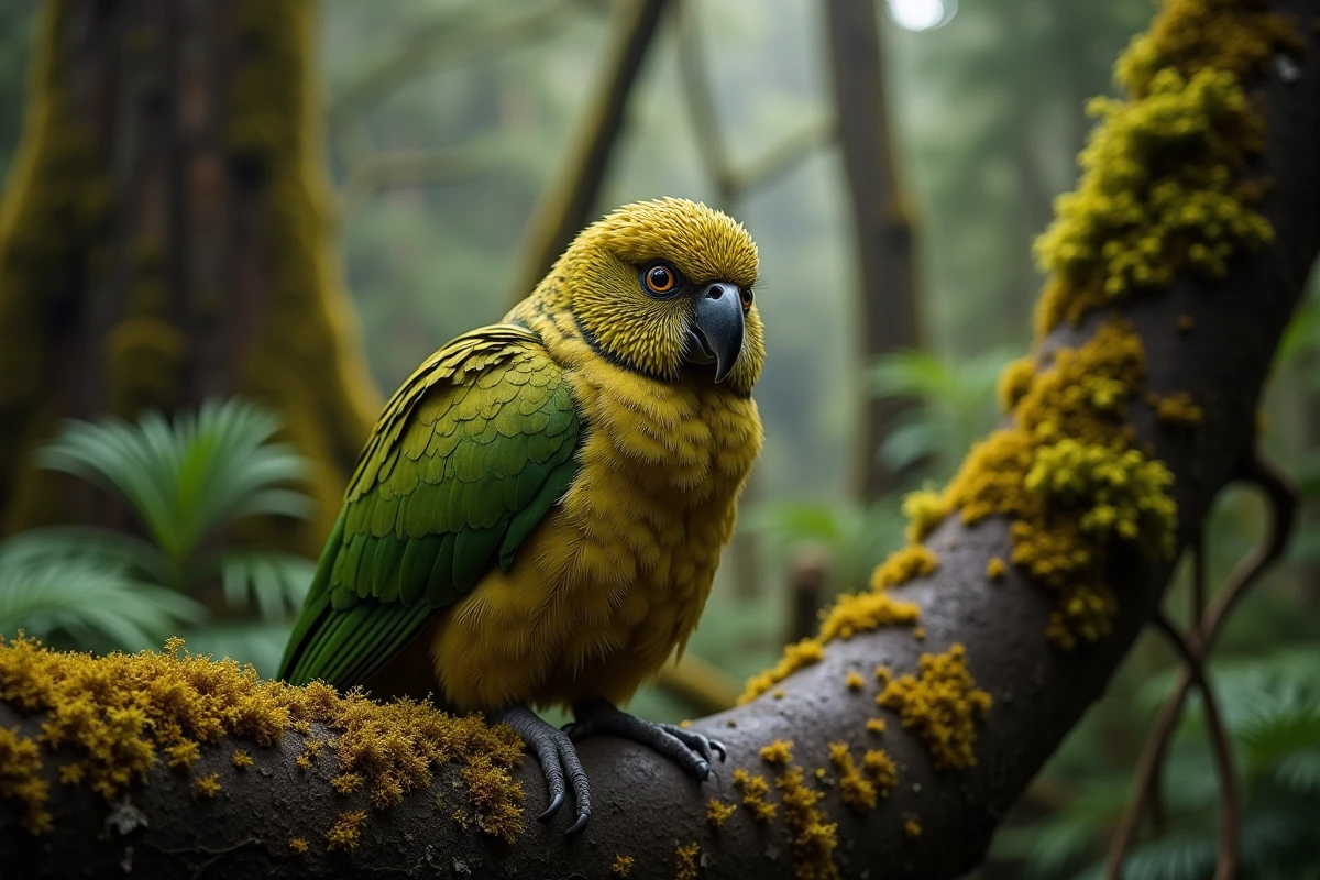 Un kakapo, perroquet nocturne rarissime de Nouvelle-Zélande, perché dans la forêt tropicale tempérée de Fiordland