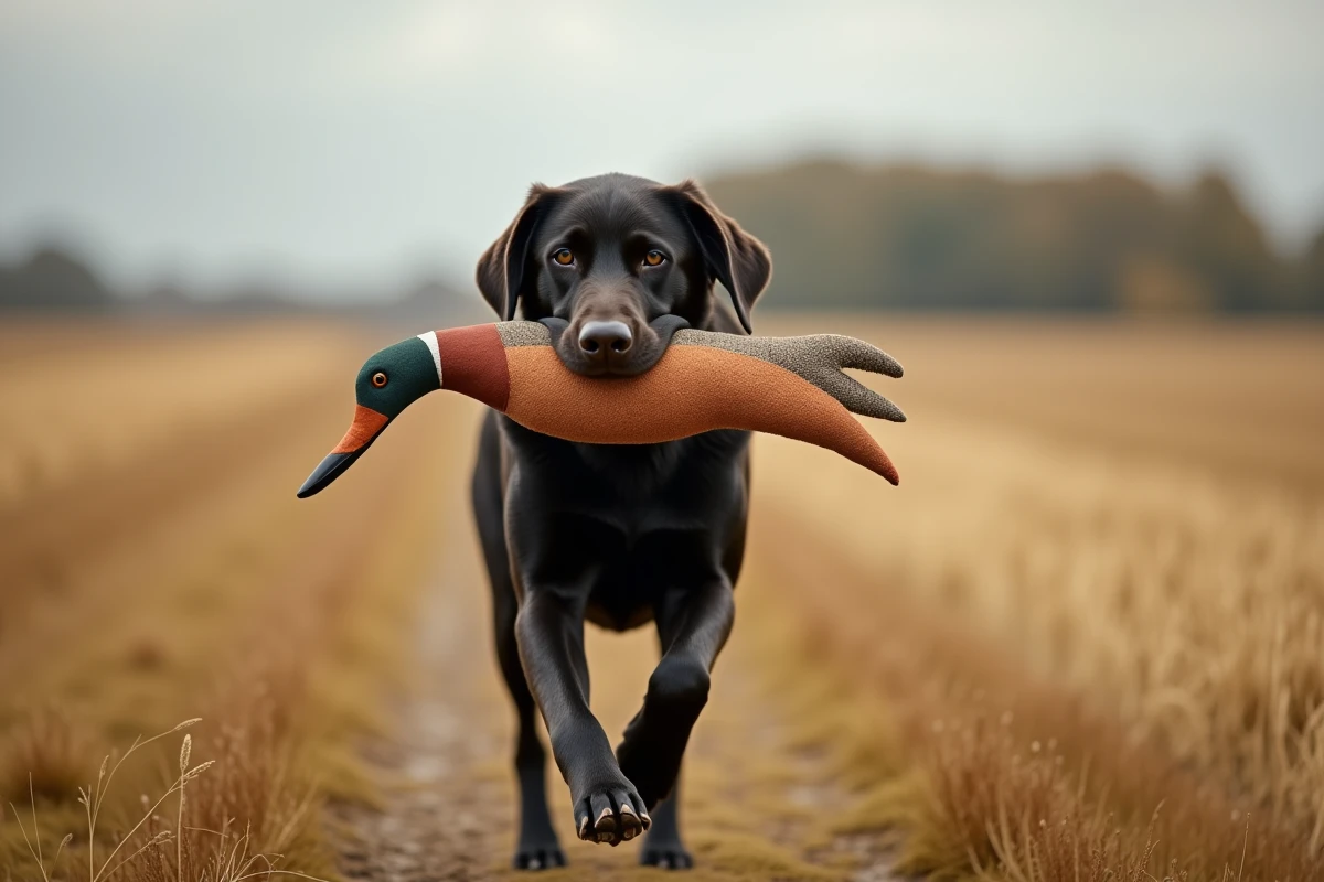 Labrador Retriever rapportant un dummy de chasse dans un champ en automne, illustrant l'instinct prédateur et la pression de mâchoire naturelle chez le chien