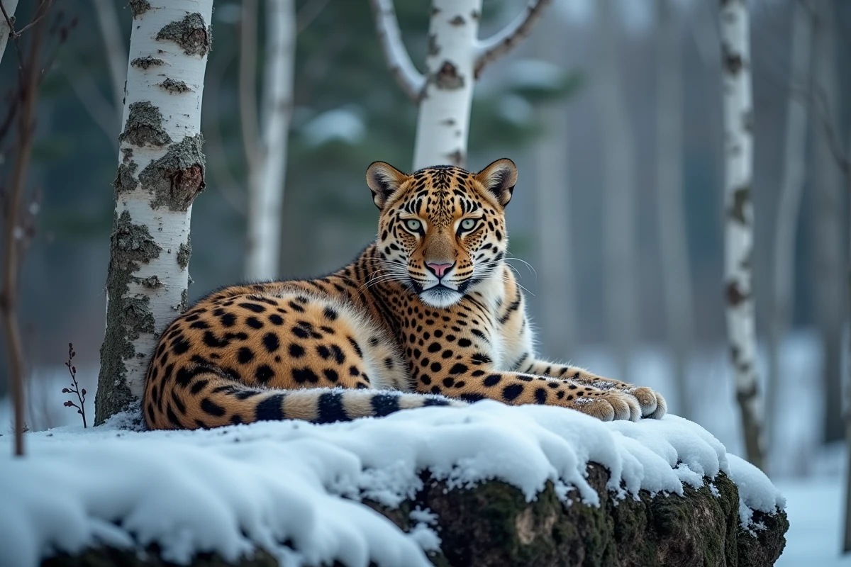 Léopard de l'Amour, espèce la plus rare du monde, reposant sur un rocher enneigé dans la forêt tempérée de l'Extrême-Orient russe