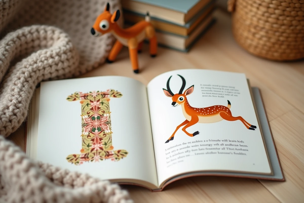 Livre illustré alphabet pour enfants ouvert sur la lettre I avec un impala