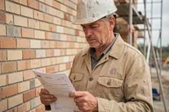 Maçon expérimenté consultant un contrat d'assurance décennale sur un chantier de construction en maçonnerie