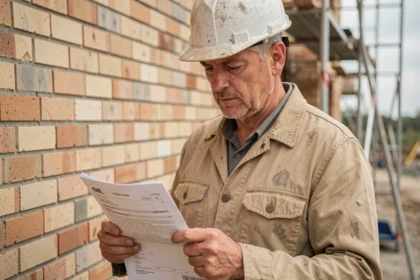Maçon expérimenté consultant un contrat d'assurance décennale sur un chantier de construction en maçonnerie