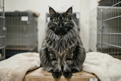 Maine Coon black smoke en cage dans un refuge pour animaux, regardant l'objectif avec des yeux dorés expressifs