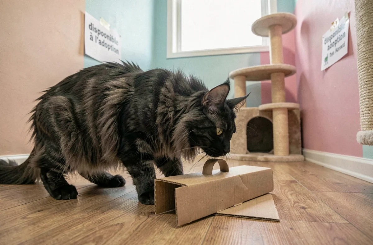 Maine Coon black smoke explorant une salle d'adoption dans un refuge félin avec un panneau disponible à l'adoption