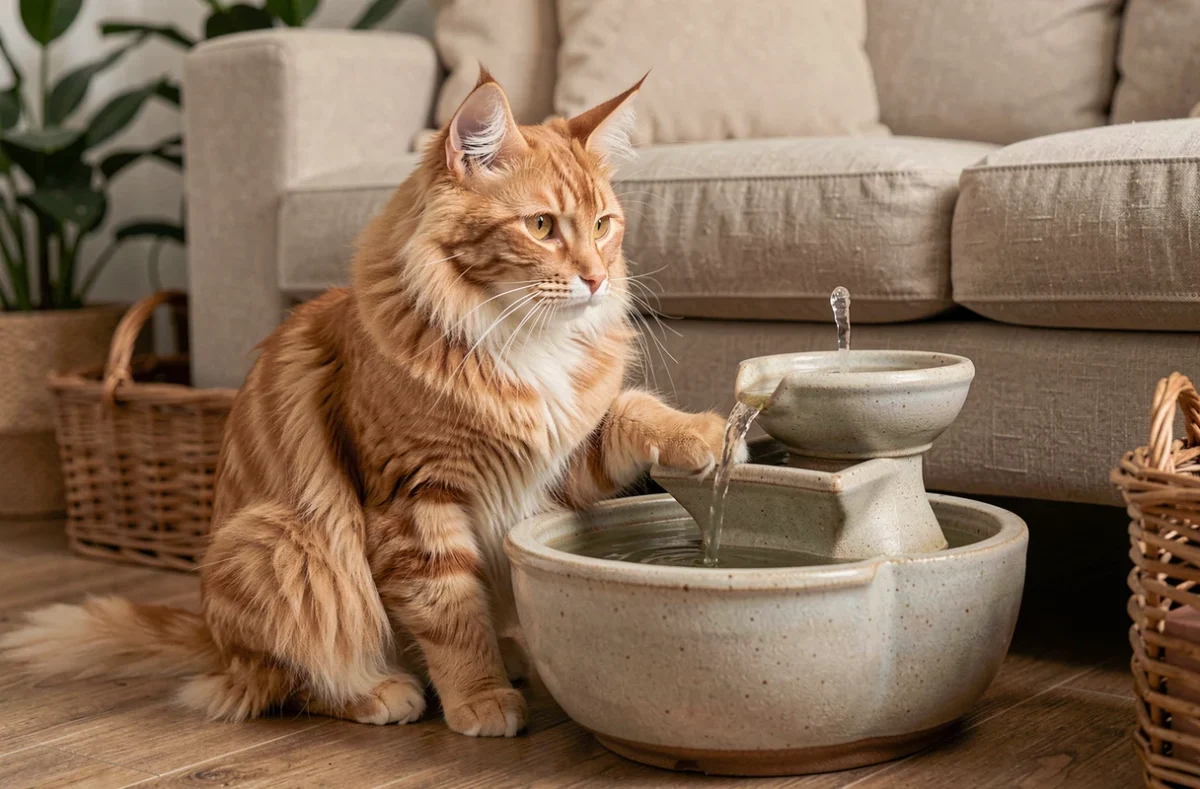 Maine Coon roux assis près d'une fontaine à eau en céramique dans un salon chaleureux