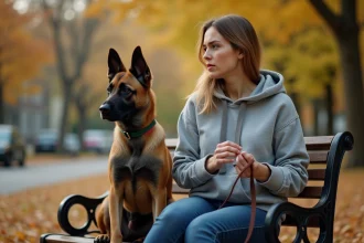 Femme novice en compagnie d'un chien Malinois croisé en laisse dans un parc en automne
